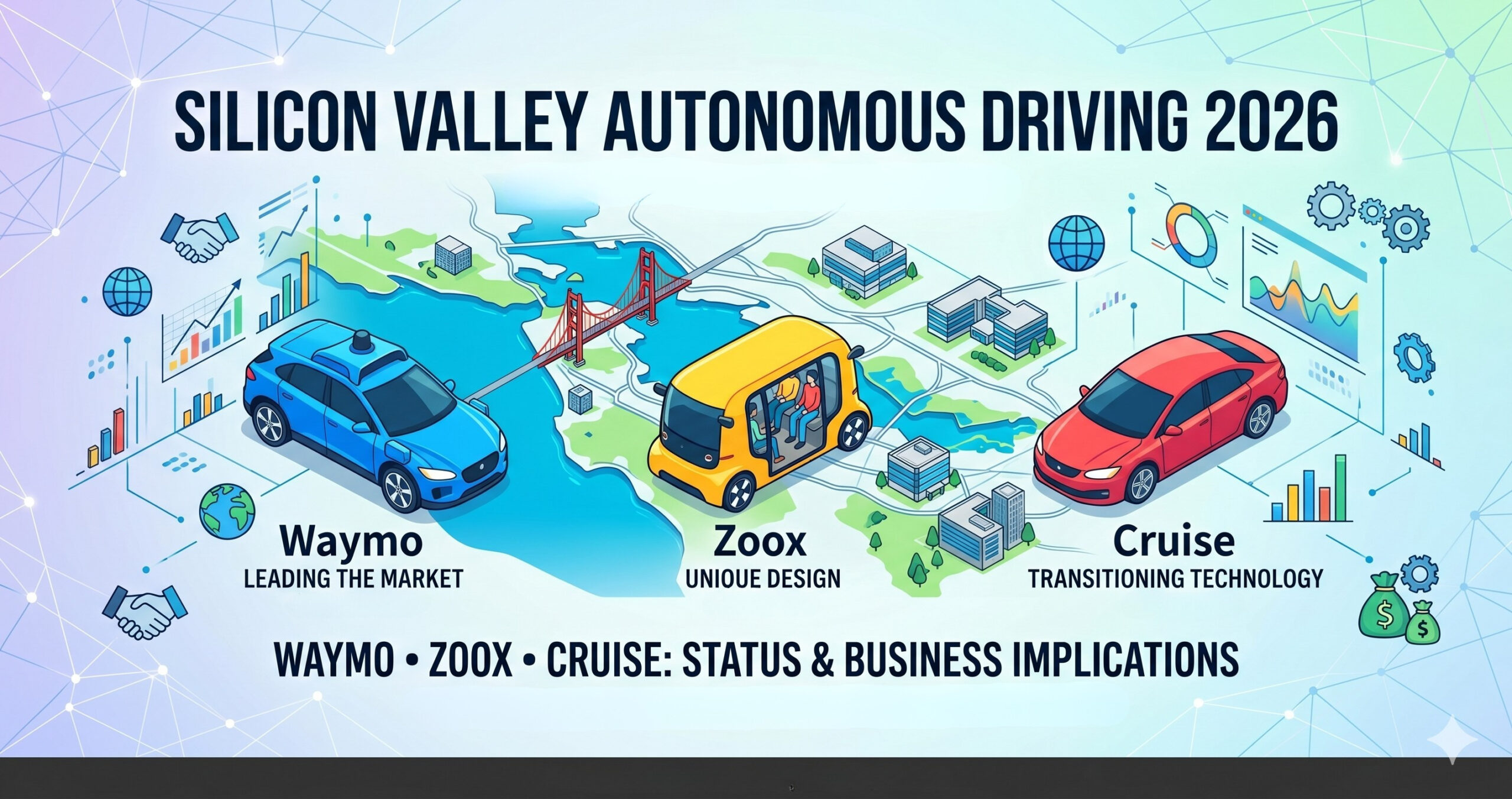 Illustration of Waymo, Zoox and Cruise robotaxis on a map of the San Francisco Bay Area, titled Silicon Valley Autonomous Driving 2026