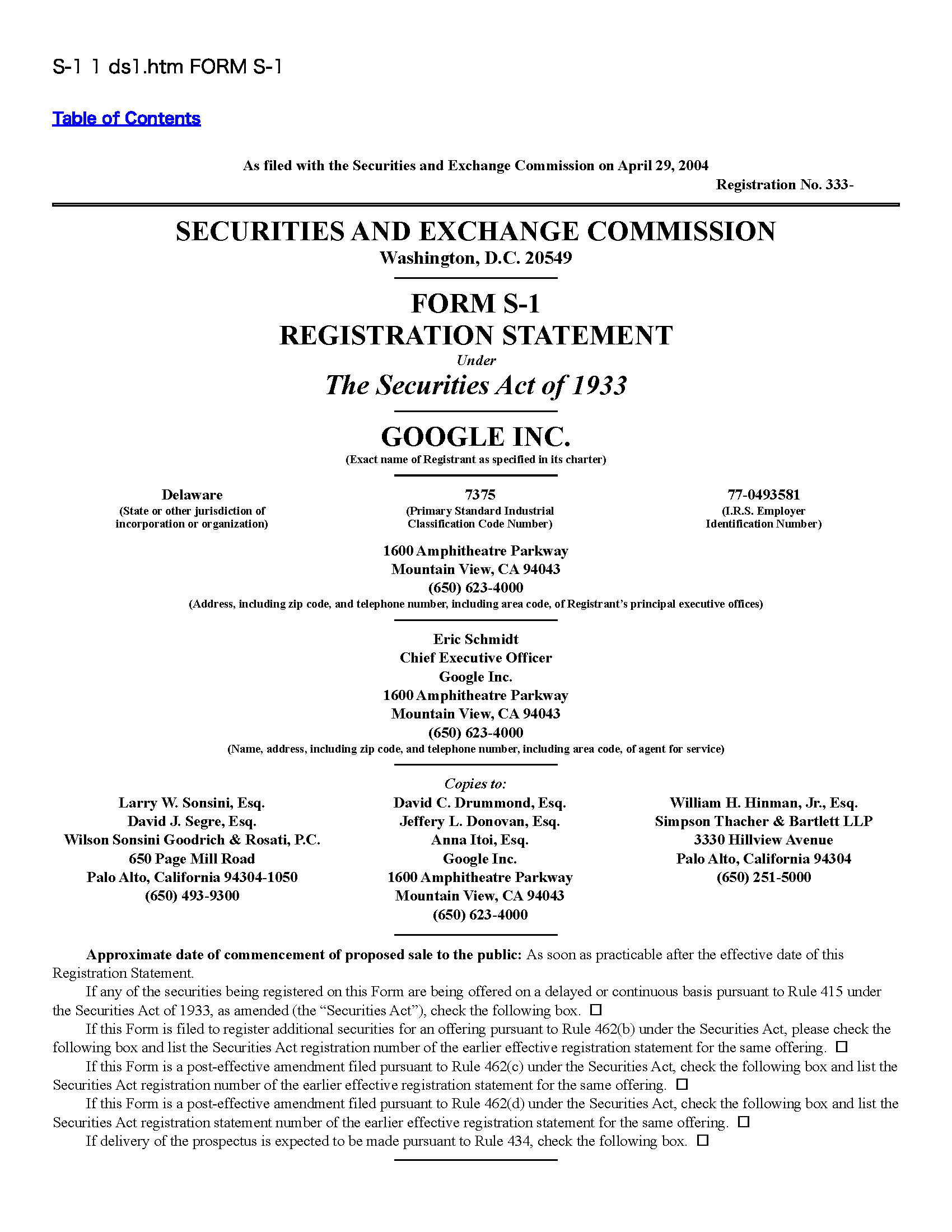 Google Inc. Form S-1