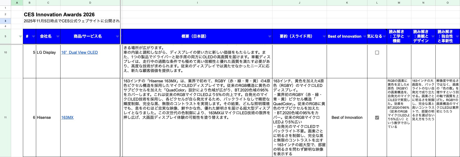 受賞製品一覧シート