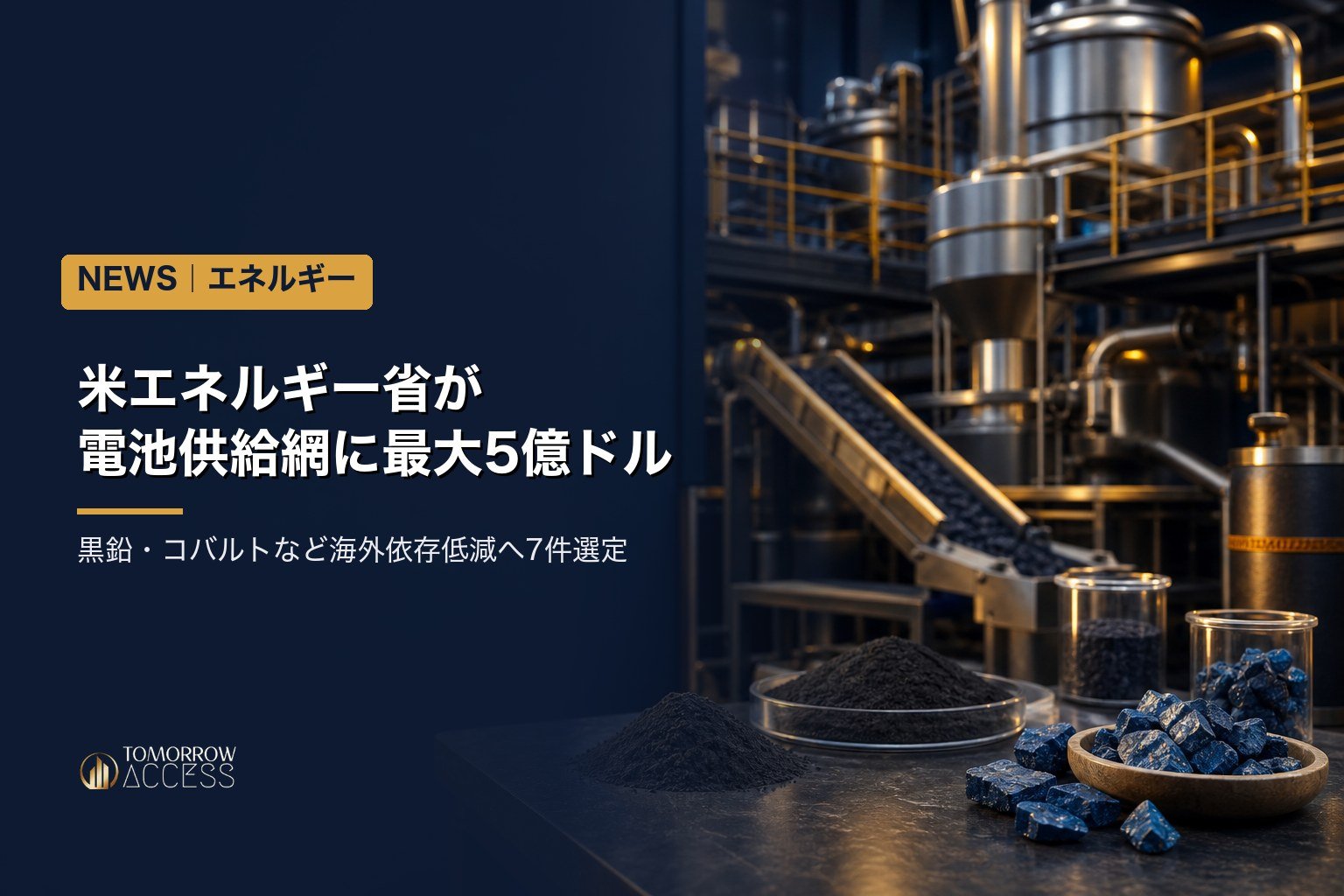 米エネルギー省が電池供給網に最大5億ドル、黒鉛・コバルトなど海外依存低減へ7件選定