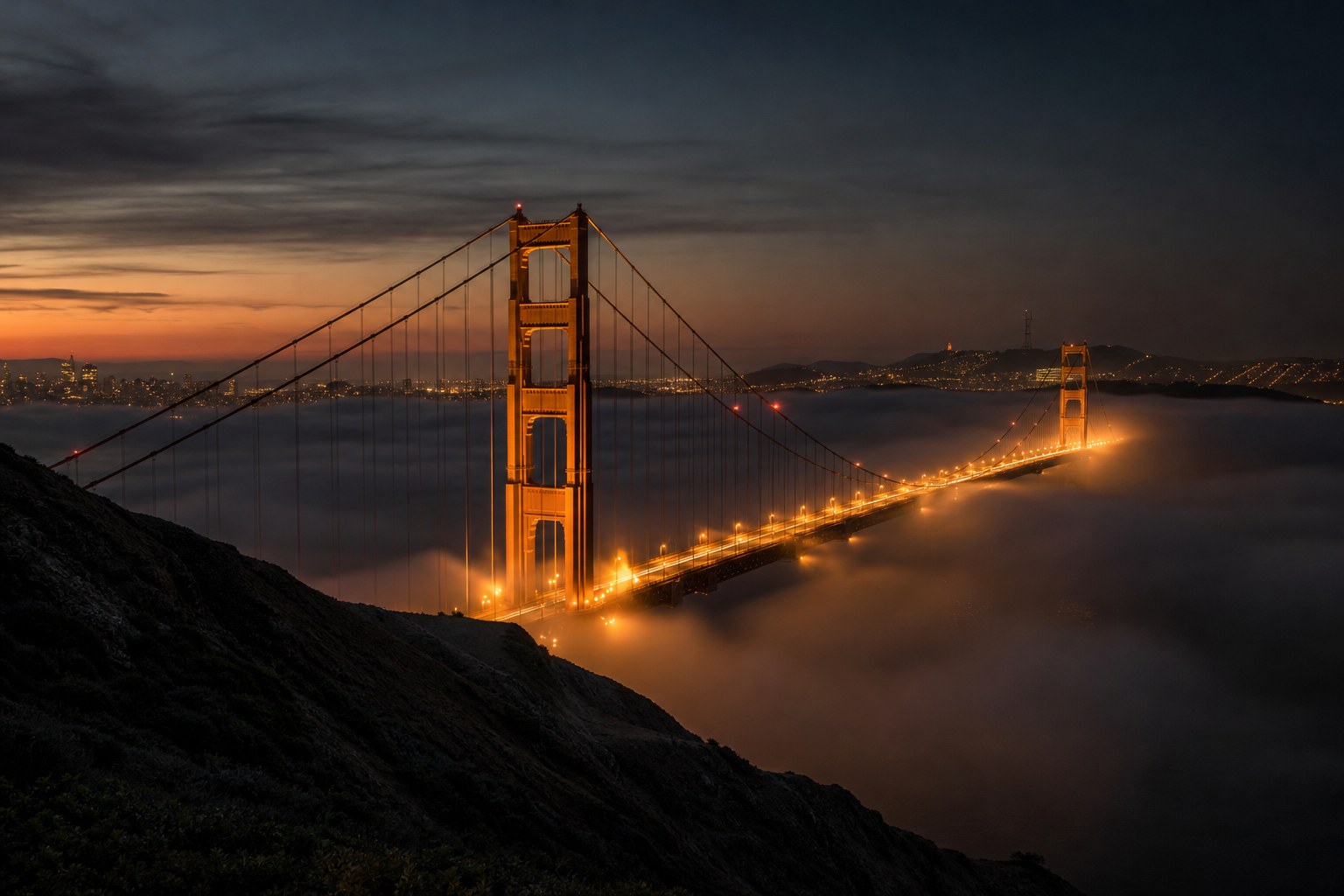 Suspension bridge at dusk