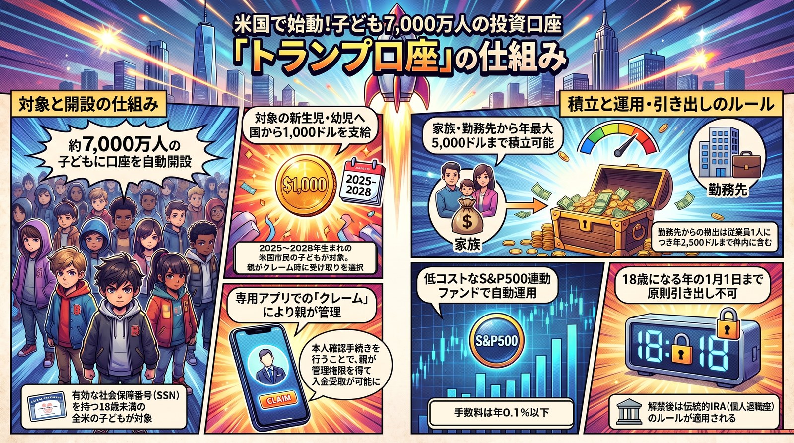 図解：トランプ口座の仕組み（対象・1,000ドル・積立・運用・引き出し）