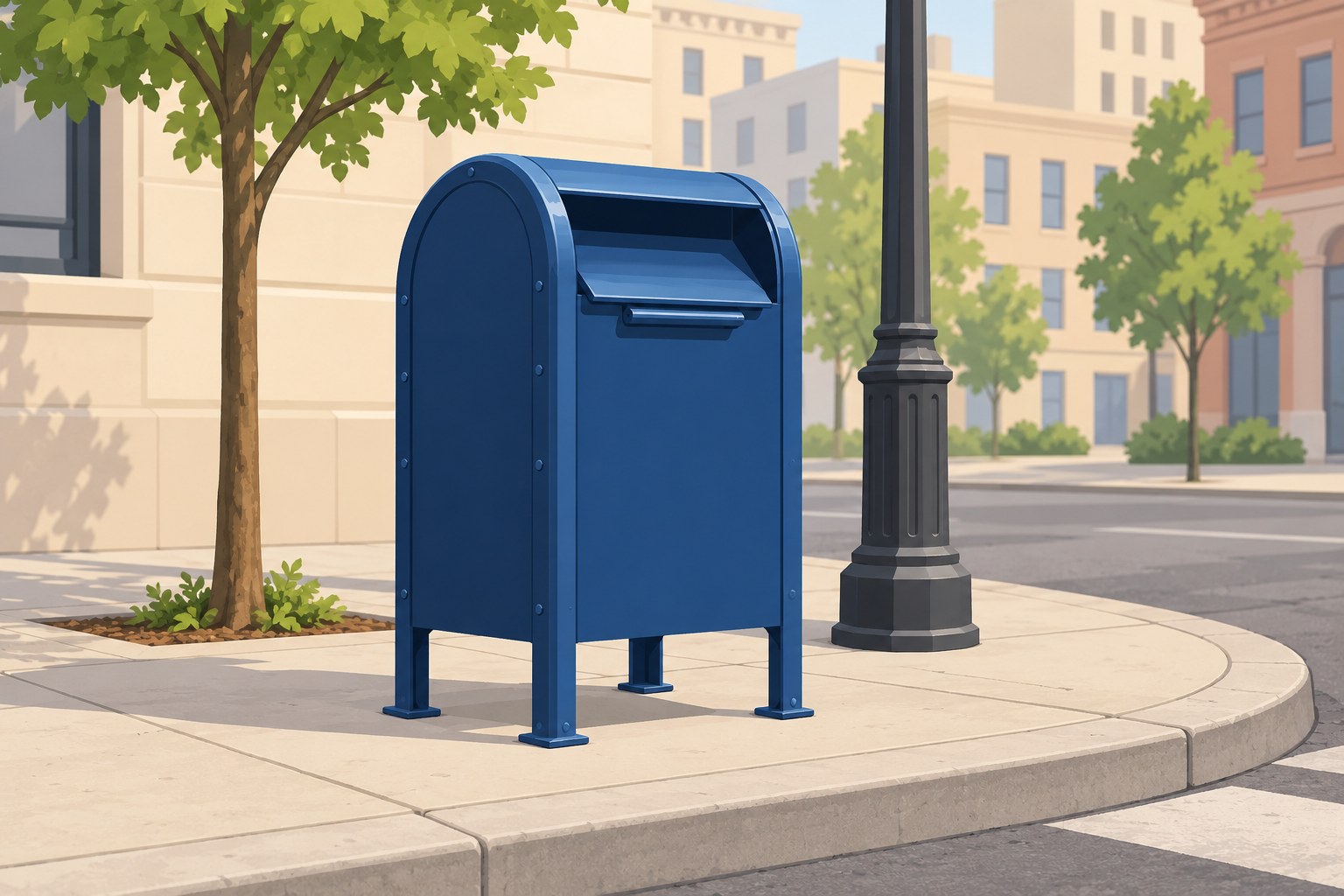 アメリカの街角に立つ青い郵便ポスト(collection box)のイラスト